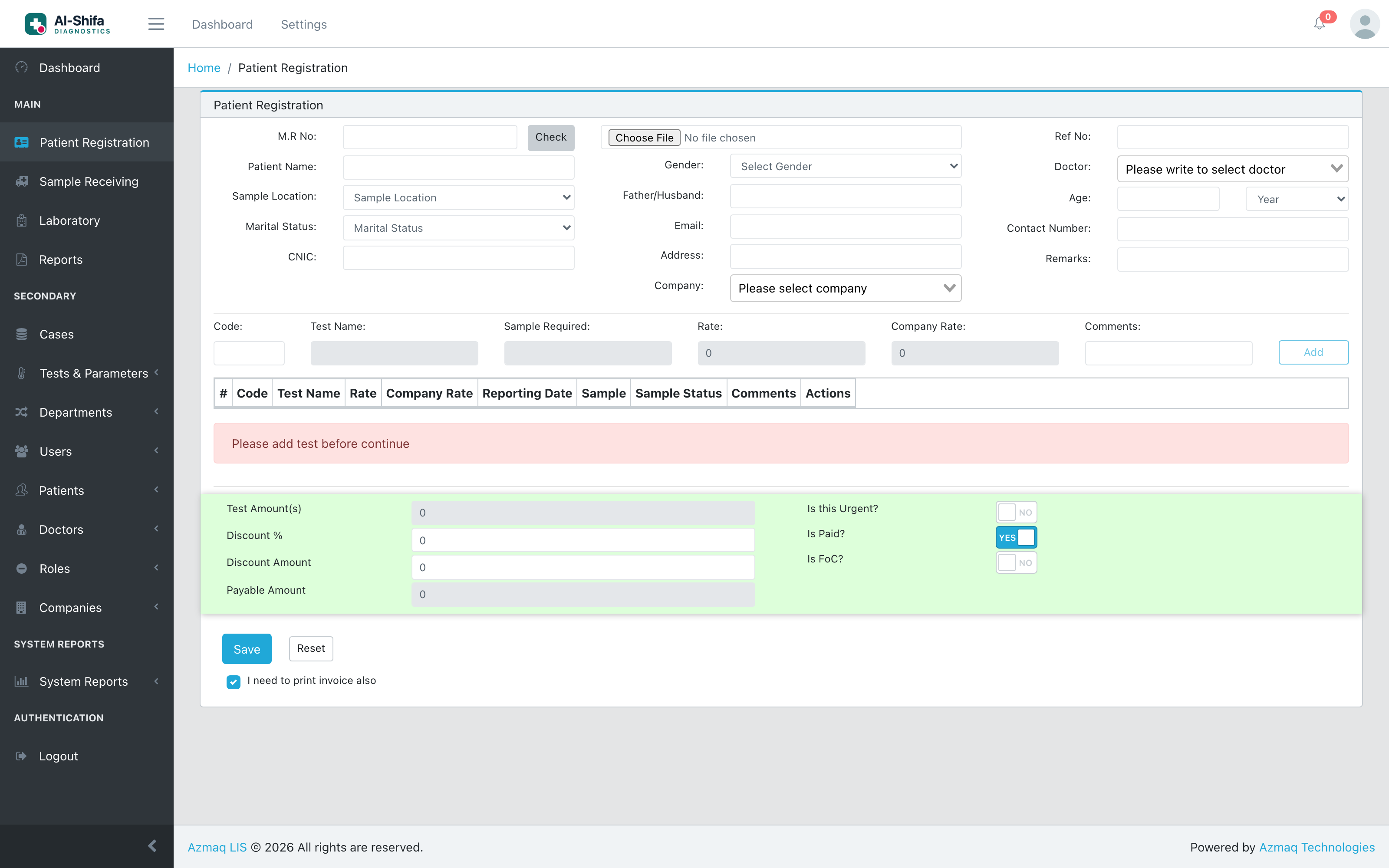 Patient registration, with tests, pricing and corporate account selection on one screen