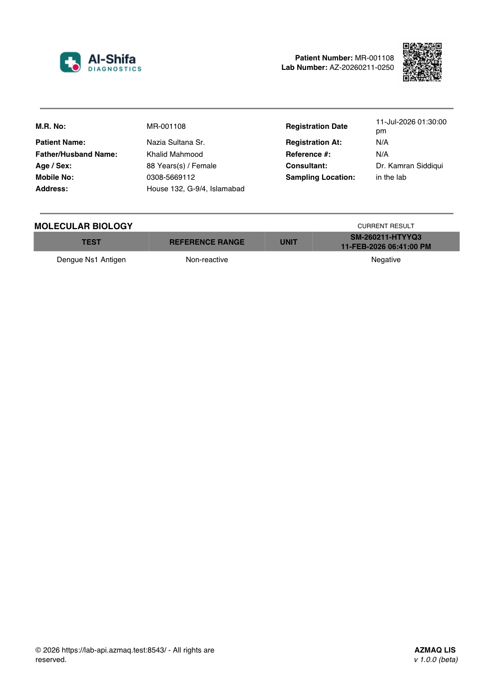 A finished PDF report with the lab letterhead and a QR code for verification